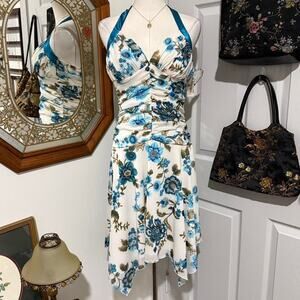 NWT VTG Y2K Love Tease White & Teal Blue Floral Mesh Ruched Fairycore Dress L